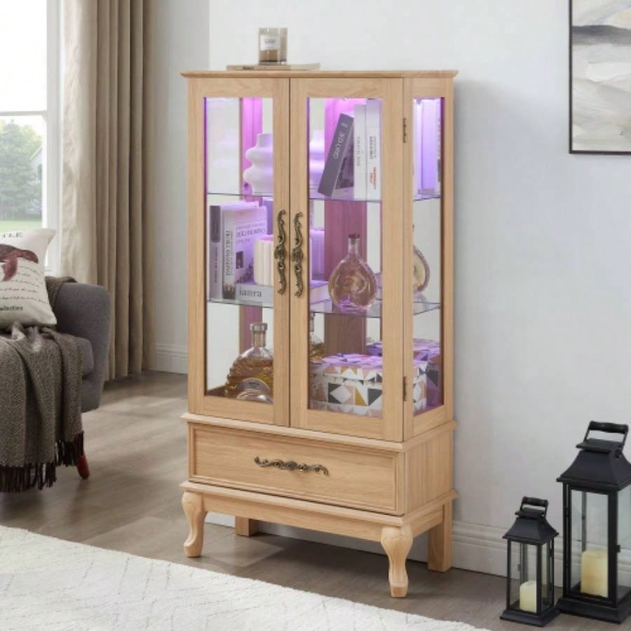 Lighted Curio Cabinet - Elegant Glass Display Cabinet with Adjustable Shelves, 2 Doors, and 1 Drawer - Wine Storage Sideboard with Included Bulb - Light Oak