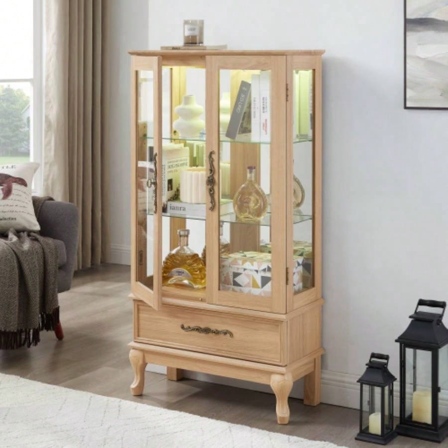 Lighted Curio Cabinet - Elegant Glass Display Cabinet with Adjustable Shelves, 2 Doors, and 1 Drawer - Wine Storage Sideboard with Included Bulb - Light Oak