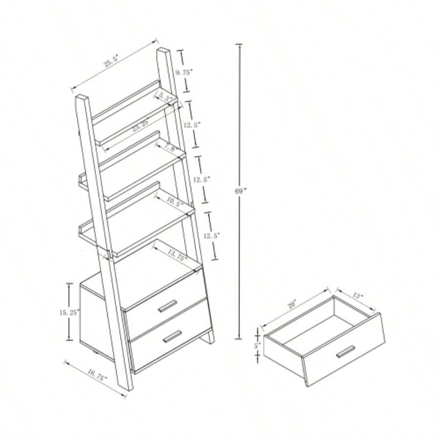 Two drawer ladder bookcase metal bar handles Distressed and black two tone color