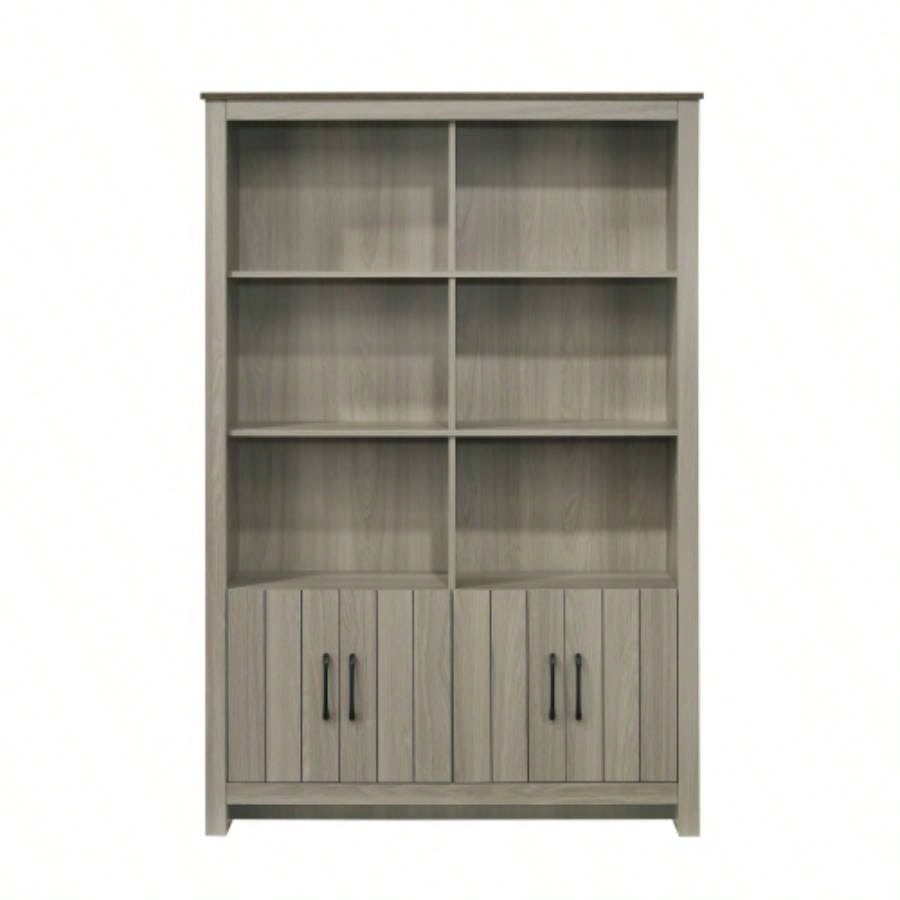 47 Gray Oak Bookcase Shelf with Cabinet Doors