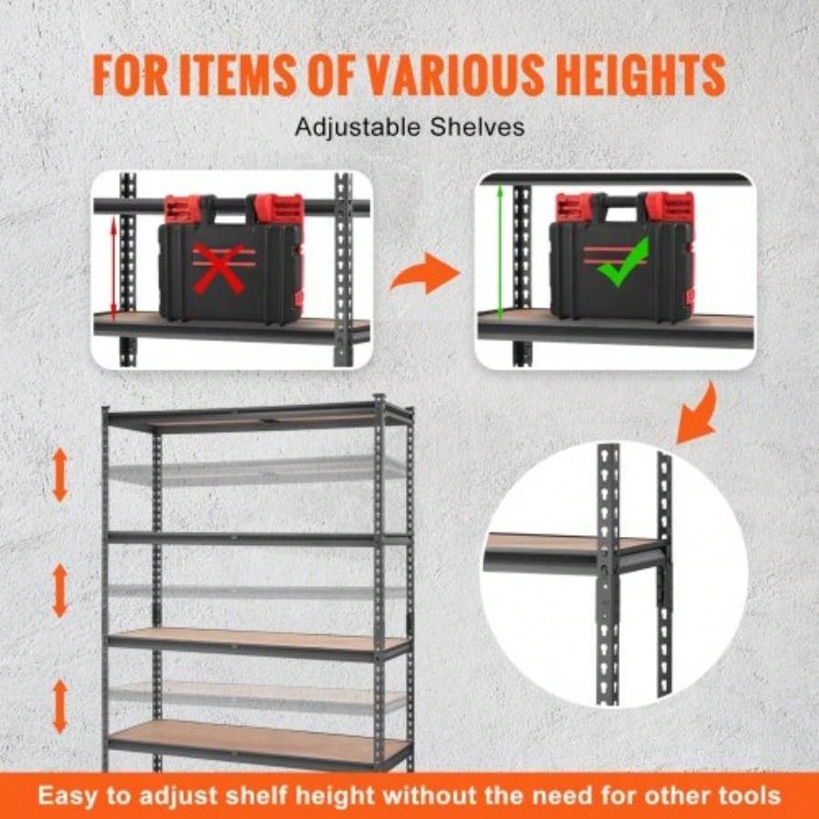 Storage Shelving Unit, 5 - Tier Adjustable, 2000 lbs Capacity, Heavy Duty Garage Shelves Metal Organizer Utility Rack, Black, 18 Dx 48x 72 H Kitchen Pantry Basement Bathroom Laundry