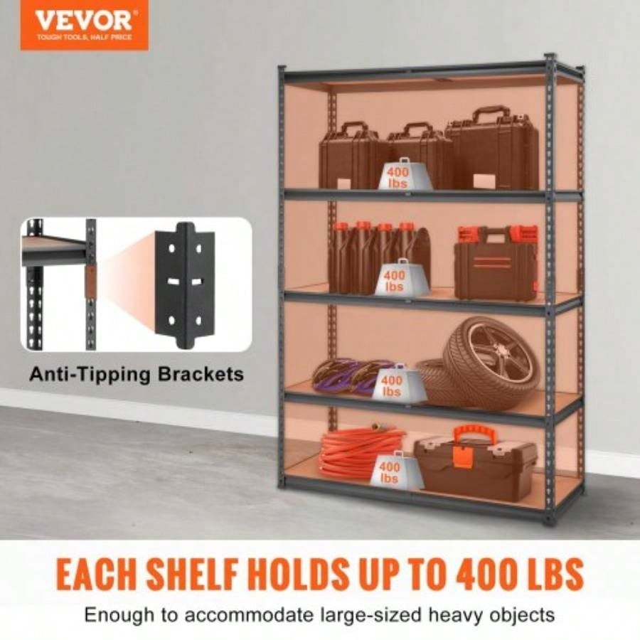 Storage Shelving Unit, 5 - Tier Adjustable, 2000 lbs Capacity, Heavy Duty Garage Shelves Metal Organizer Utility Rack, Black, 18 Dx 48x 72 H Kitchen Pantry Basement Bathroom Laundry