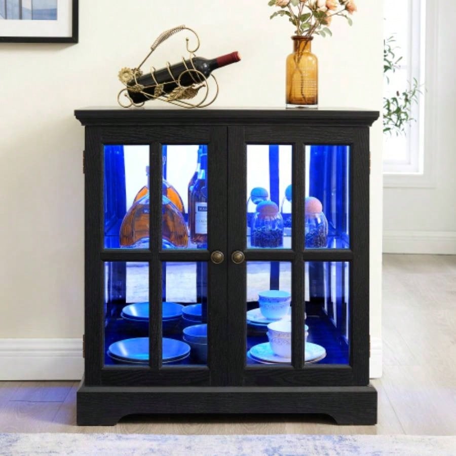 LED Curio Display Cabinet, Antique Display Cabinet with Adjustable Shelves, Retro Design Quality Showcase with Lattice Doors Elegant Bookcase and Storage Cabinet Home Decor and Organization CHE