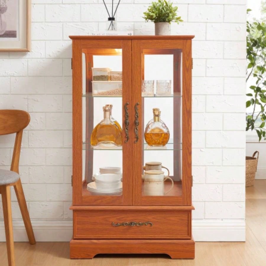 Glass Cabinet Lighted Glass Cabinet Curio Display Cabinet with Adjustable Glass Shelves 2 Doors and 1 drawer Cabinet Bulb Included Cherry