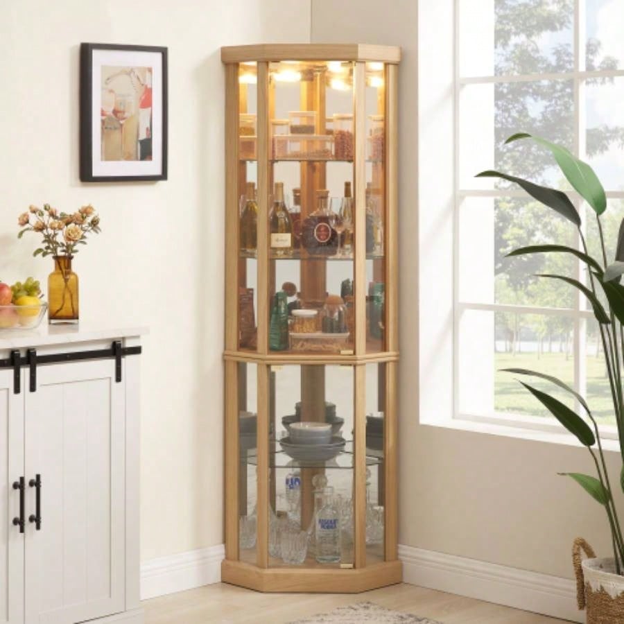 Corner Lighted Curio Cabinet Corner Glass Cabinet Lighted Curio Cabinet Corner Display Living Room, Curio Cabinet, Antique, Wine, Bar Glass Storage Light Included, Dark Cherry