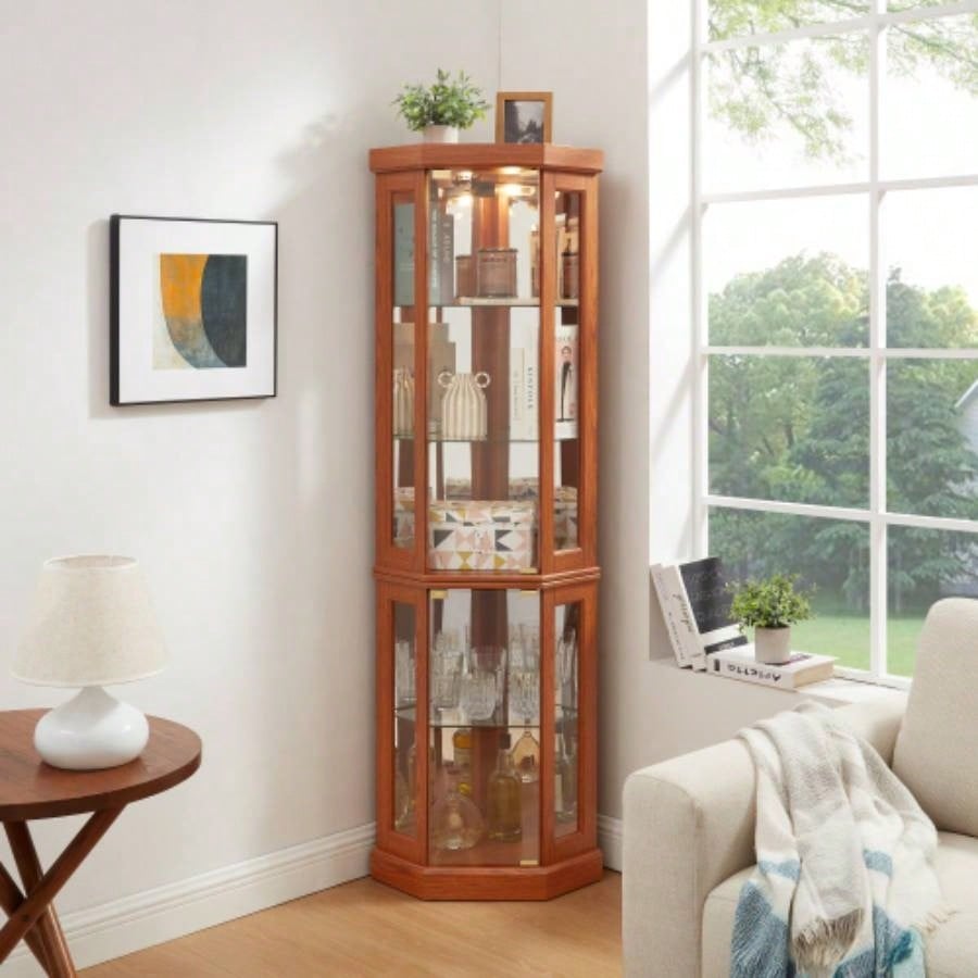 Corner Glass Cabinet Lighted Curio Cabinet Corner Display Living Room, Curio Cabinet, Antique, Wine, Bar Glass Storage Light Included, Dark Cherry