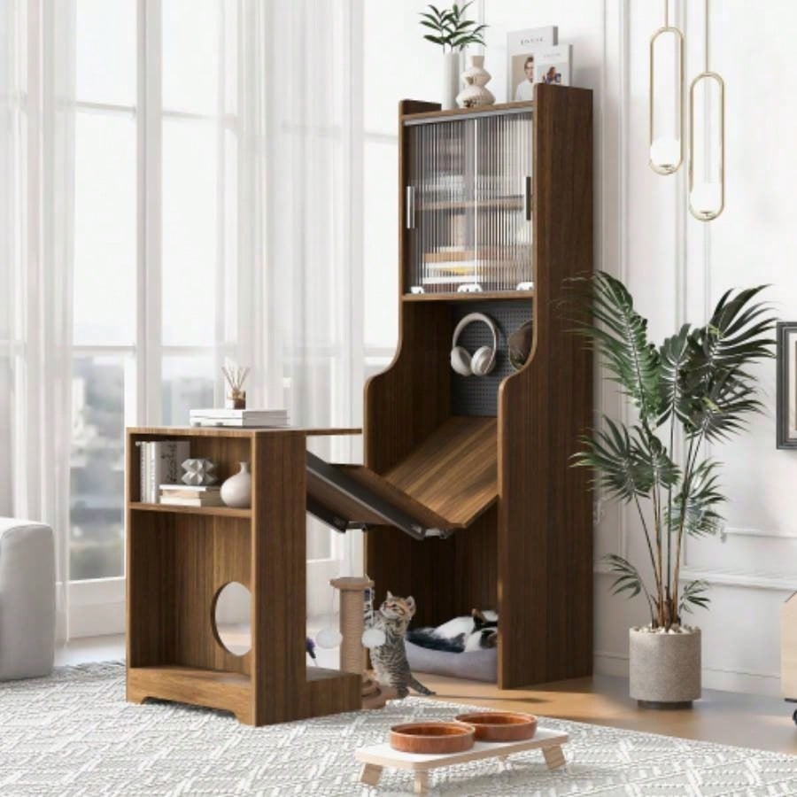 Mid - Modern Walnut Vintage Multi - use Cabinet With Scratcher Bed, Side Cabinet with Extendable table