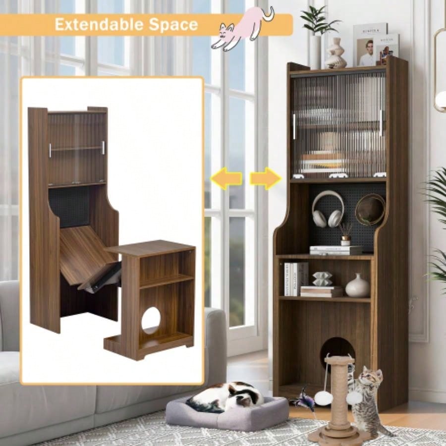 Mid - Modern Walnut Vintage Multi - use Cabinet With Scratcher Bed, Side Cabinet with Extendable table