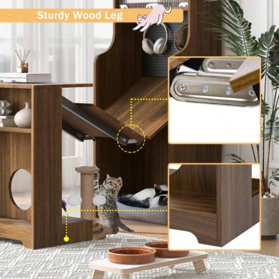 Mid - Modern Walnut Vintage Multi - use Cabinet With Scratcher Bed, Side Cabinet with Extendable table