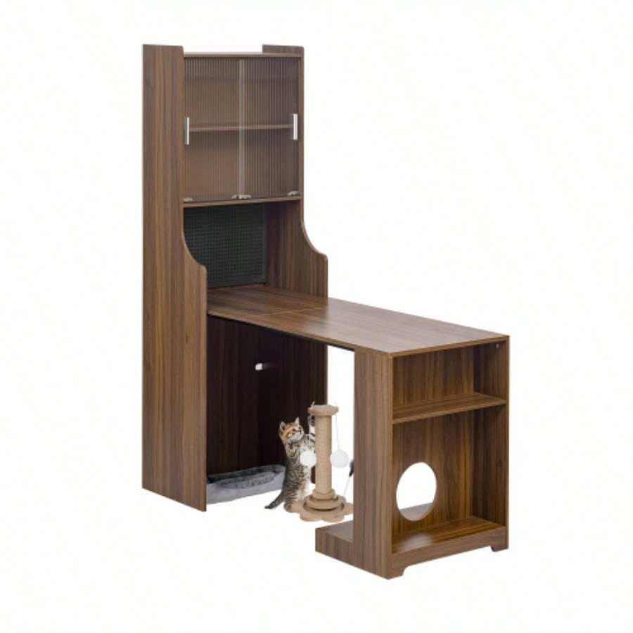 Mid - Modern Walnut Vintage Multi - use Cabinet With Scratcher Bed, Side Cabinet with Extendable table