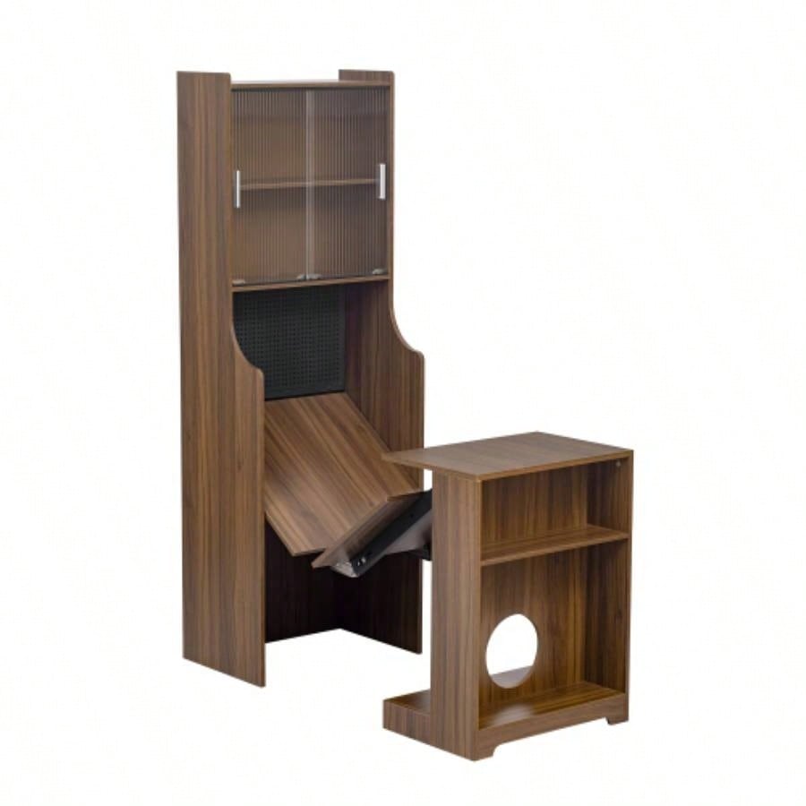 Mid - Modern Walnut Vintage Multi - use Cabinet With Scratcher Bed, Side Cabinet with Extendable table