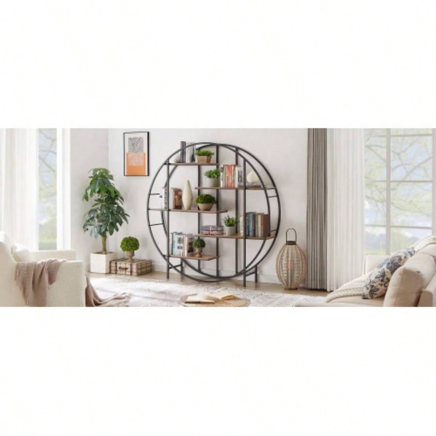 Round 5 - Tier Metal Plant Stand bookcase storage rack, Indoor Living Room Terrace Garden Balcony Display Stand. Rustic Brown, 67x 11.8 Dx 67 H.