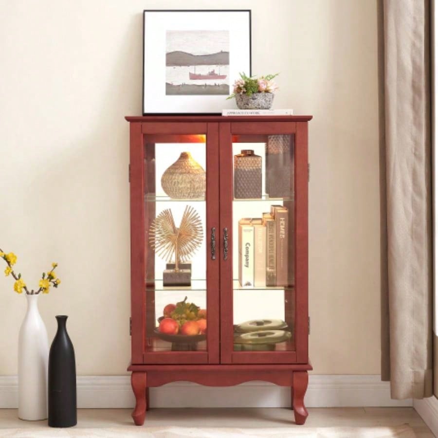 2 Doors Curio Cabinet with Tempered Glass Doors, Curio Cabinets with Mirrored Back Panel and Adjustable Shelves, Lighted Display Cabinet Home, Office Light Bulb Included Oak