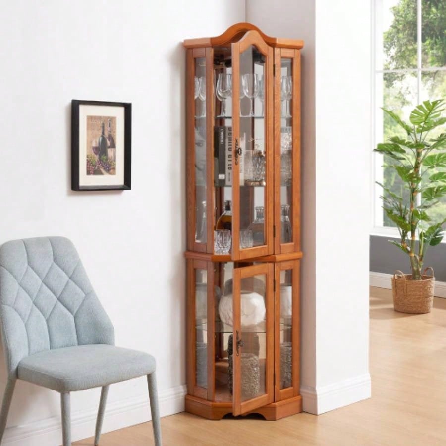 Curio Cabinet Lighted Glass Display Curio Cabinet/Tempered Glass Doors and Shelves, Crown Corner Cabinet with Bulb, Corner Storage Decoration Living room and Bedroom OAK