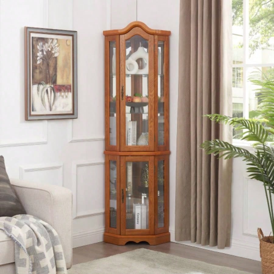 Curio Cabinet Lighted Glass Display Curio Cabinet/Tempered Glass Doors and Shelves, Crown Corner Cabinet with Bulb, Corner Storage Decoration Living room and Bedroom OAK