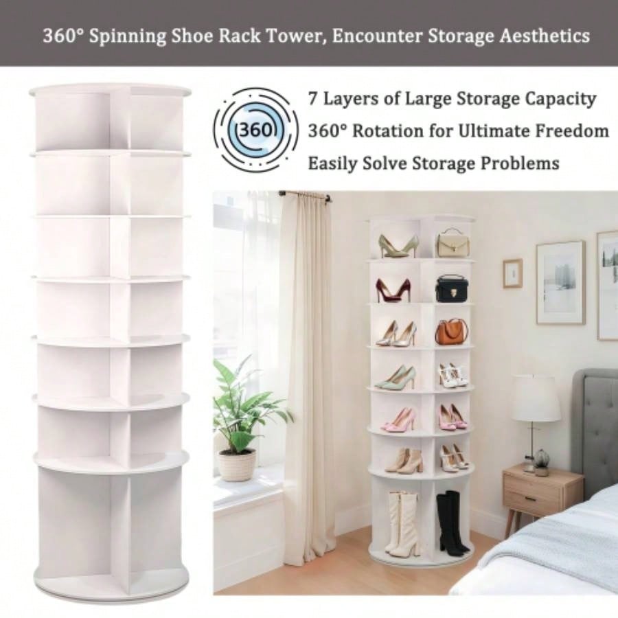 Tier Rotating Shoe Rack, High Bottom Design Rotating Shoe Rack Tower, Standing 360 Spinning Shoe Organizer, Round Display Spinning Shoe Rack Tower, Fits 28 Pairs of Shoes White