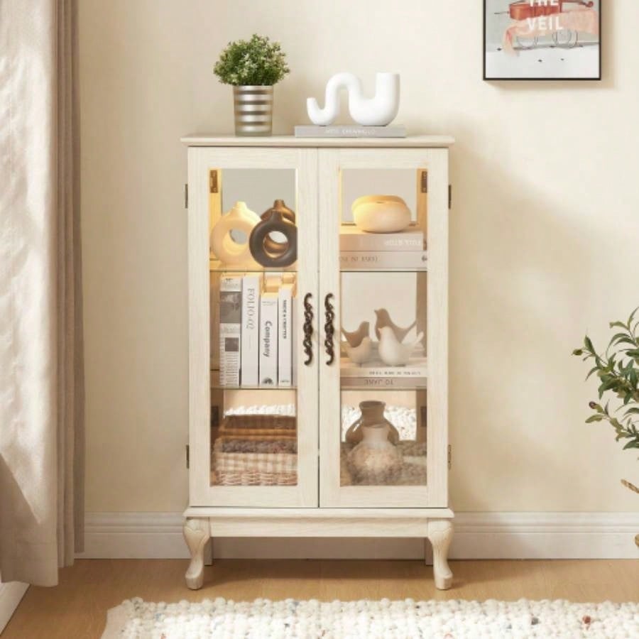 2 Doors Curio Cabinet with Tempered Glass Doors, Curio Cabinets with Mirrored Back Panel and Adjustable Shelves, Lighted Display Cabinet Home, Office Light Bulb Included OAK