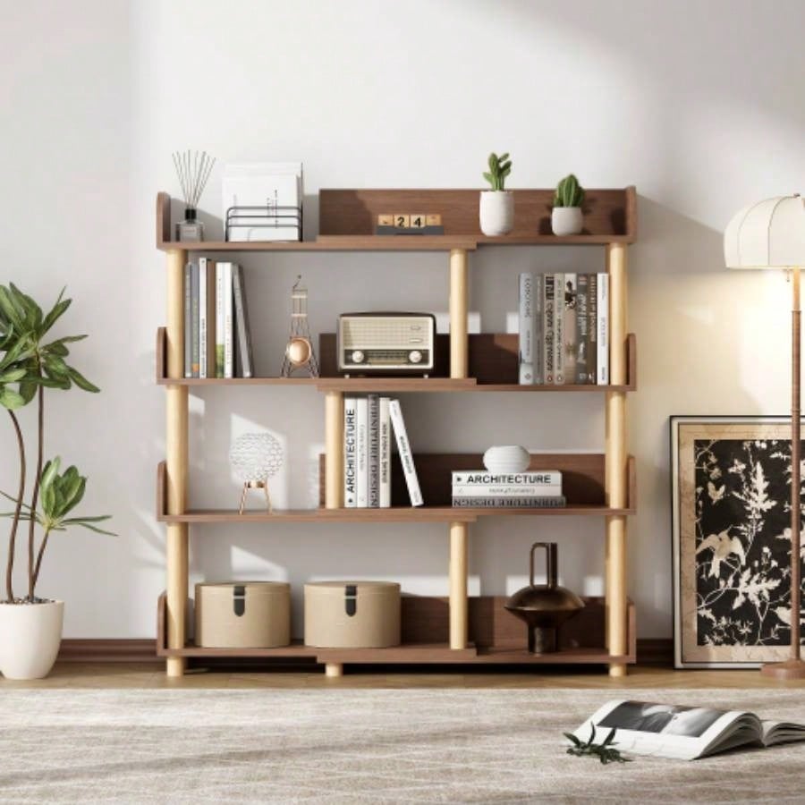 4 Tier Retractable Rotatable Bookcases, Wooden Corner Book Shelf, Storage Rack CDs/Movies/Books, Rustic Brown Bookcase, Utility Organizer Shelves Living Room Home Office