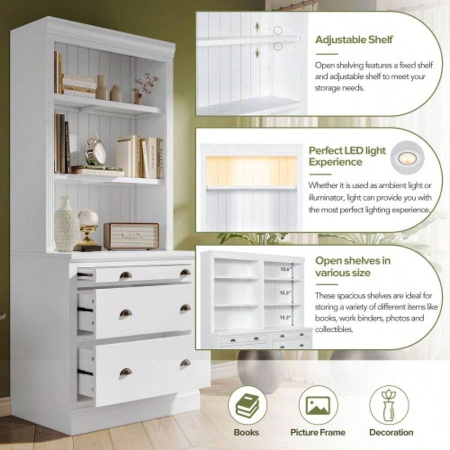 83.4Tall Bookshelf with LED Lighting, Modern Bookcase with 3 Drawer and Open Shelves, Storage Bookshelf Living Room, Home Office, White