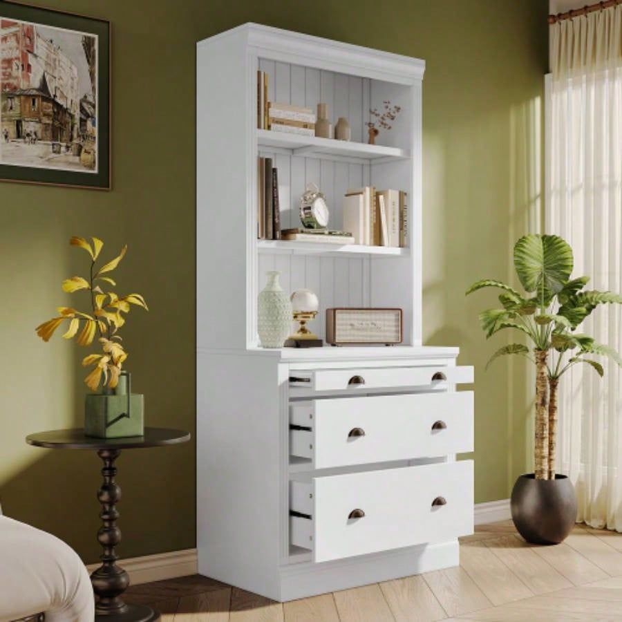 83.4Tall Bookshelf with LED Lighting, Modern Bookcase with 3 Drawer and Open Shelves, Storage Bookshelf Living Room, Home Office, White