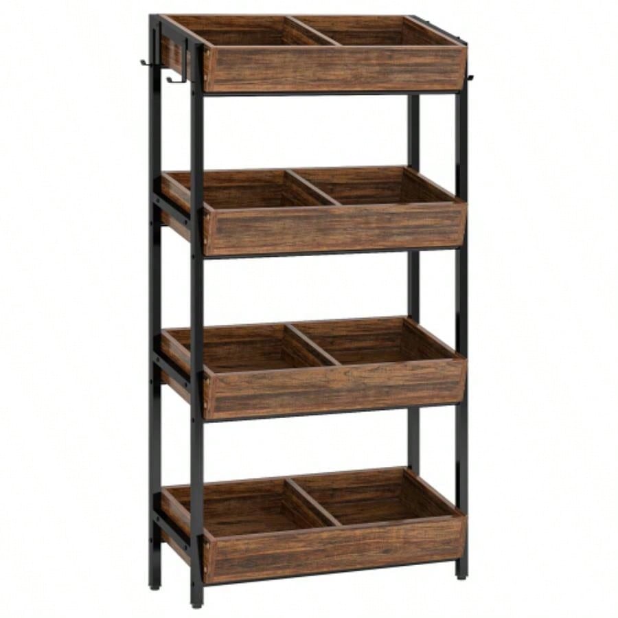 30 Inches 4 - Tier Retail Display Rack with Hooks, Tall Metal Snack Stand with Shelves, Chip Concession Organizer Store, Market, or Kitchen - Heavy - Duty Frame, Rustic Brown Black