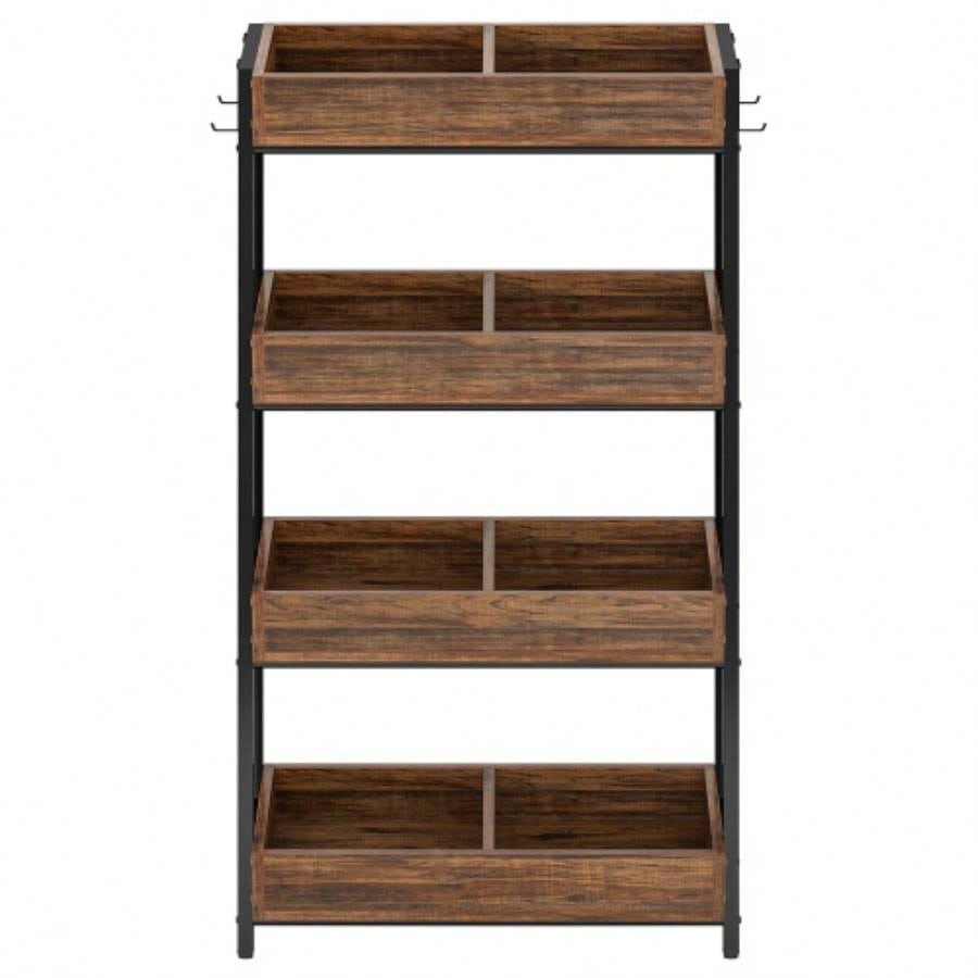 30 Inches 4 - Tier Retail Display Rack with Hooks, Tall Metal Snack Stand with Shelves, Chip Concession Organizer Store, Market, or Kitchen - Heavy - Duty Frame, Rustic Brown Black