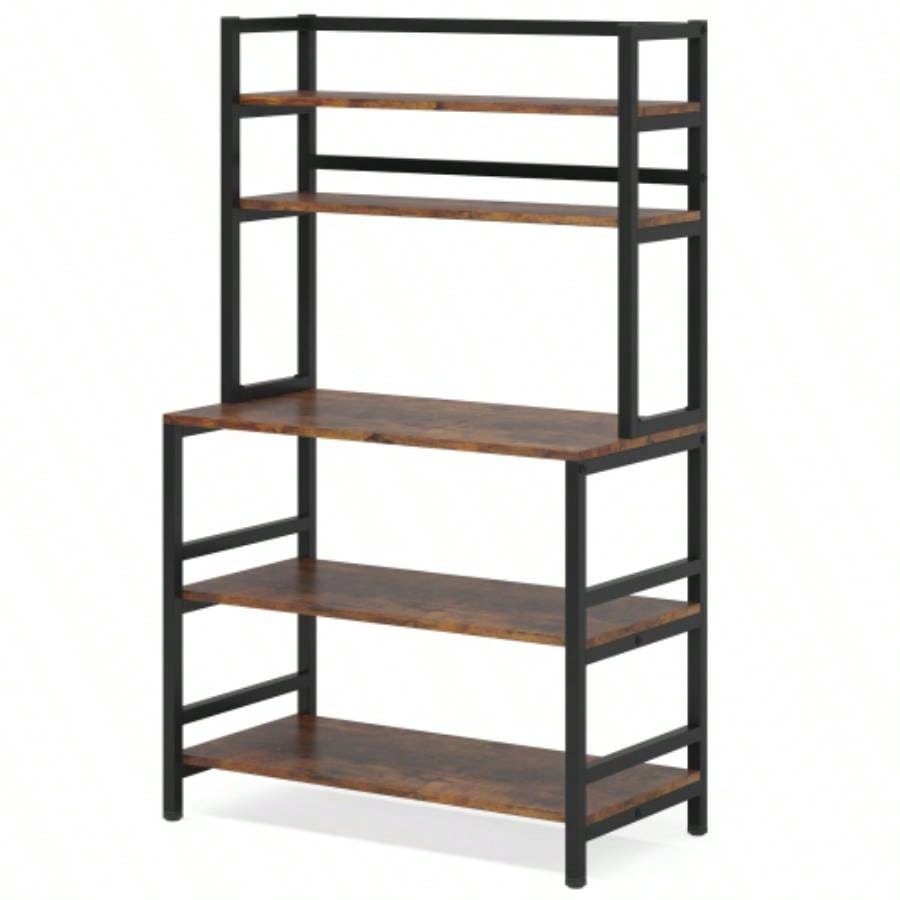 5 - Tier Kitchen Bakers Rack with Hutch 32 Inches Microwave Oven Stand with Shelves standing Kitchen Utility Storage Organizer with Hooks Countertop, Rustic Brown