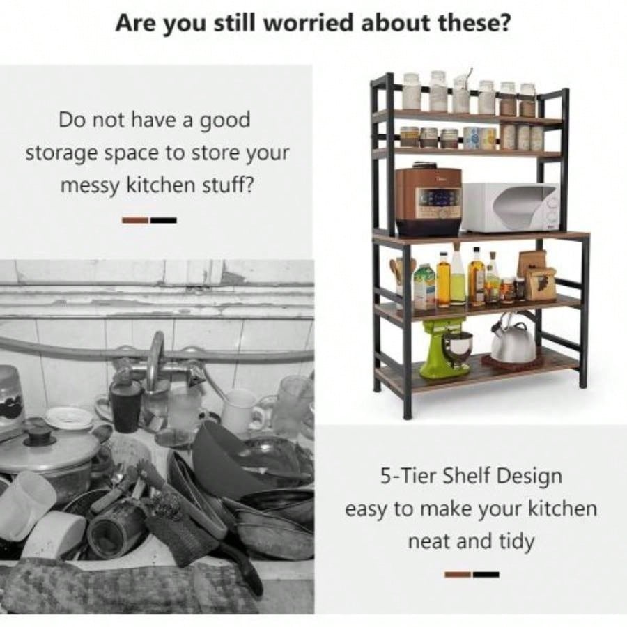 5 - Tier Kitchen Bakers Rack with Hutch 32 Inches Microwave Oven Stand with Shelves standing Kitchen Utility Storage Organizer with Hooks Countertop, Rustic Brown