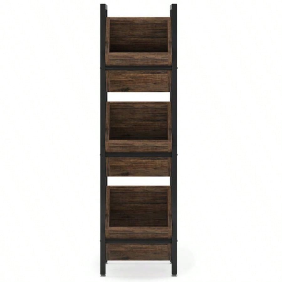 15 3 - Tier Industrial Basket Stand with Angled Baskets - Rustic Vertical Fruit Snack Rack, Standing Storage Tower Organizer Kitchen, Pantry, Bathroom, Living Room - Brown Black