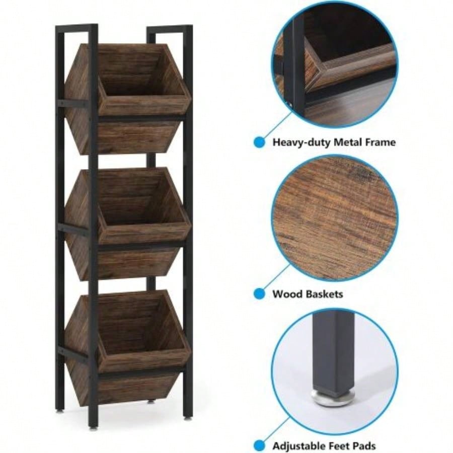15 3 - Tier Industrial Basket Stand with Angled Baskets - Rustic Vertical Fruit Snack Rack, Standing Storage Tower Organizer Kitchen, Pantry, Bathroom, Living Room - Brown Black