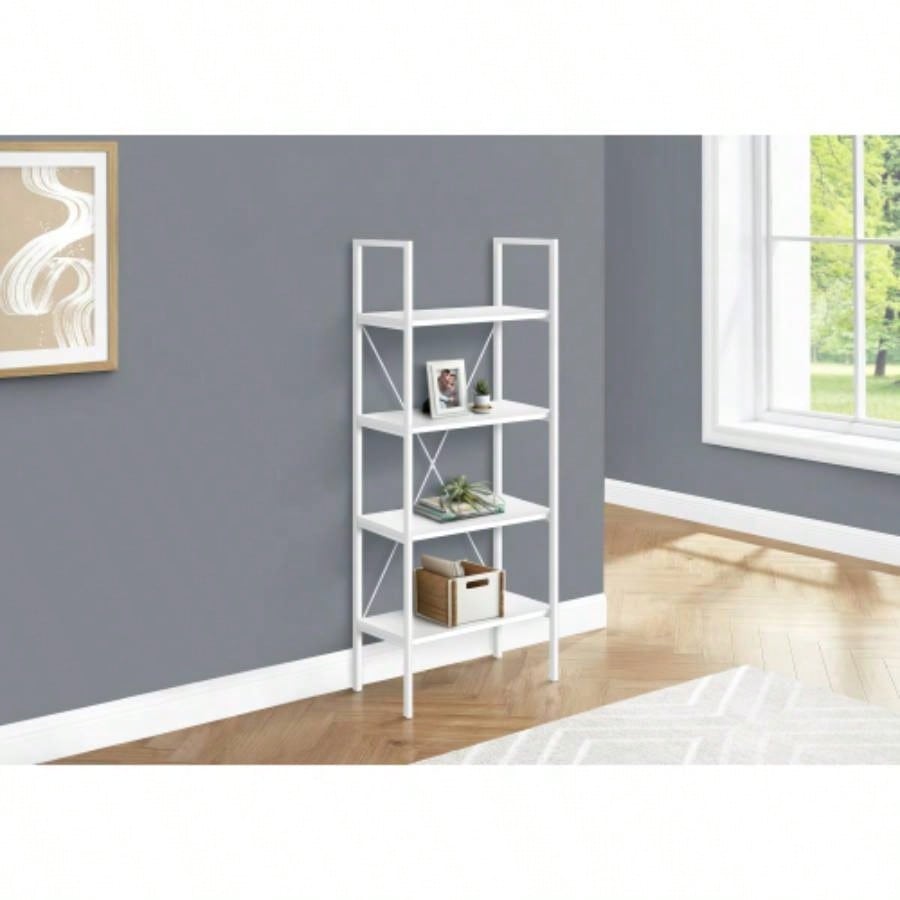 Bookshelf, Bookcase, 4 Tier, 48h, Office, Bedroom, White Laminate, White Metal, Contemporary, Modern