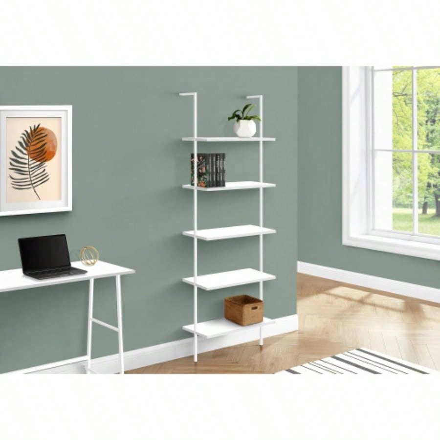 Bookshelf, Bookcase, Etagere, Ladder, 5 Tier, 72h, Office, Bedroom, White Laminate, White Metal, Contemporary, Modern