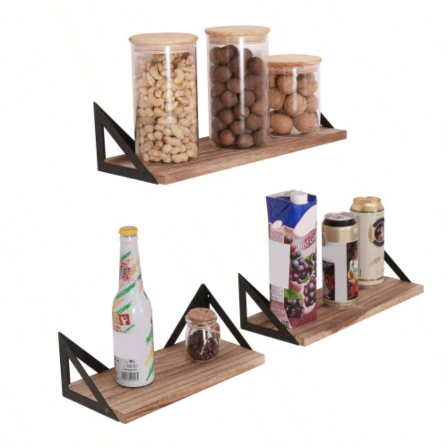 Floating Shelves, Long Wall Shelves Set of 3, Wall Mounted Shelves with Brackets Bedroom, Living Room, Kitchen, Bathroom - Natural Wood
