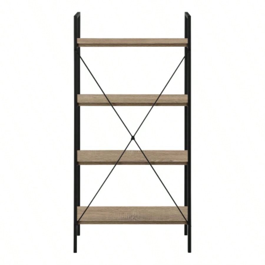 Bookshelf, Bookcase, 4 Tier, 48h, Office, Bedroom, Brown Laminate, Black Metal, Contemporary, Modern
