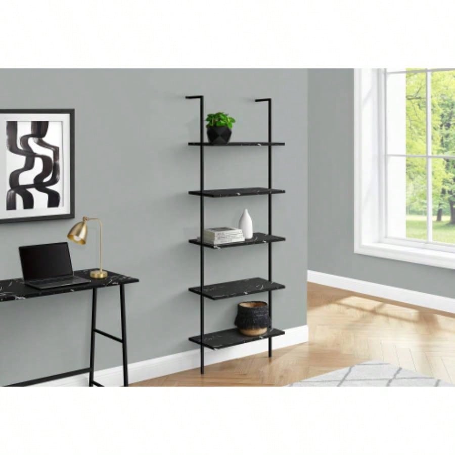 Bookshelf, Bookcase, Etagere, Ladder, 5 Tier, 72h, Office, Bedroom, Black Marble Look Laminate, Black Metal, Contemporary, Modern