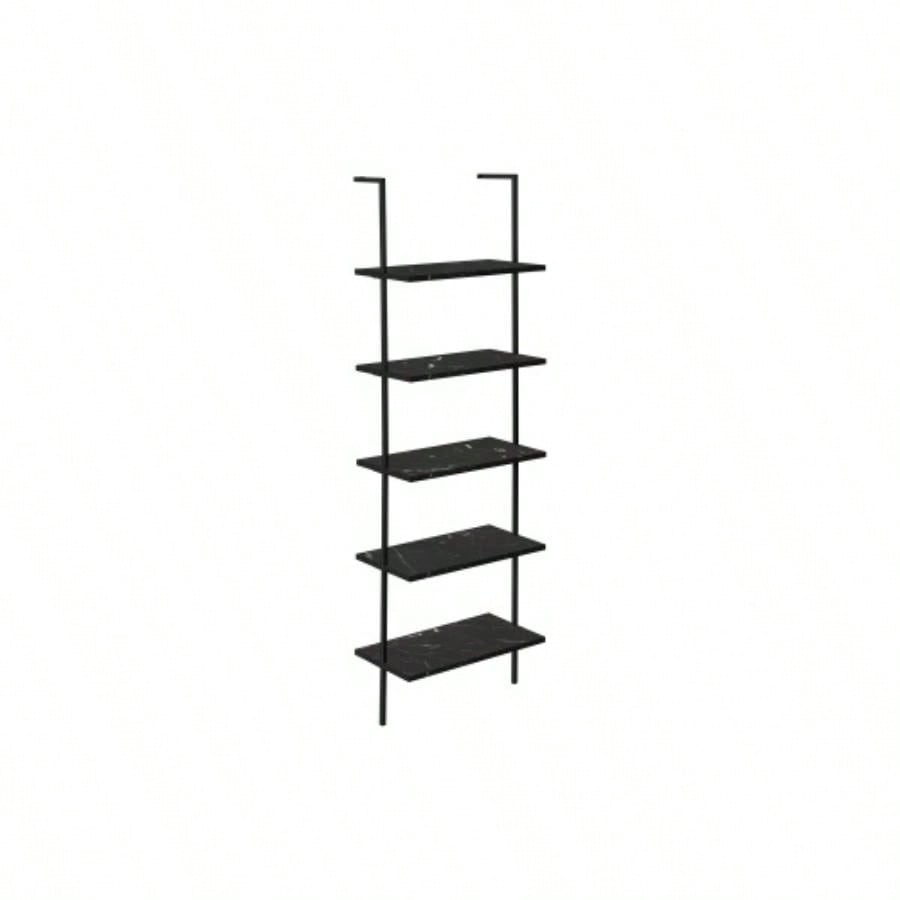 Bookshelf, Bookcase, Etagere, Ladder, 5 Tier, 72h, Office, Bedroom, Black Marble Look Laminate, Black Metal, Contemporary, Modern
