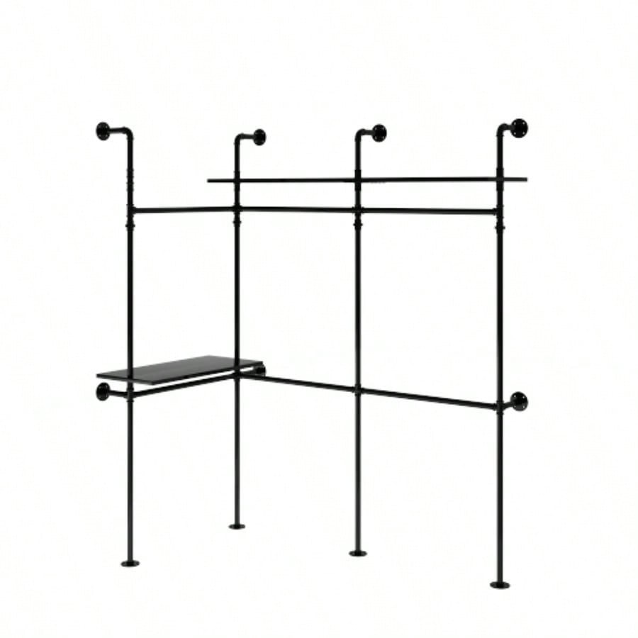Industrial Pipe Clothing Rack, Reversible 118.3 Clothes Rack Hanging Clothes, Heavy Duty Garment Rack Closet Wardrobe Rack with LED Lights Shelves, Walk - in Closet System, Black Three