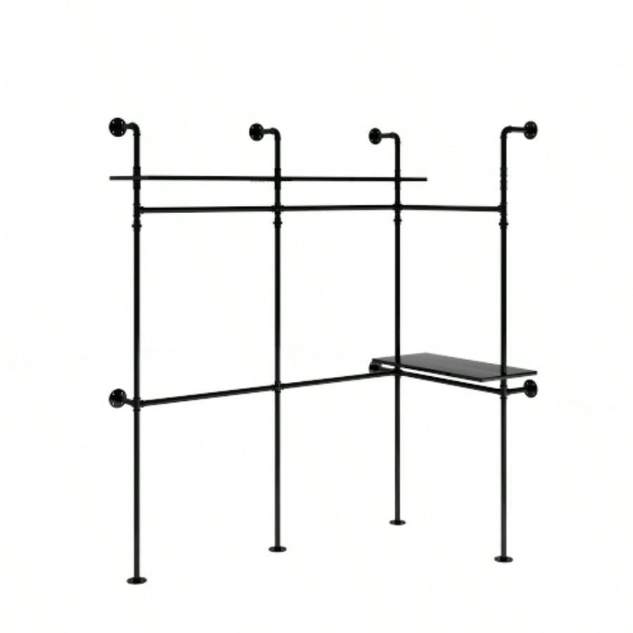 Industrial Pipe Clothing Rack, Reversible 118.3 Clothes Rack Hanging Clothes, Heavy Duty Garment Rack Closet Wardrobe Rack with LED Lights Shelves, Walk - in Closet System, Black Three