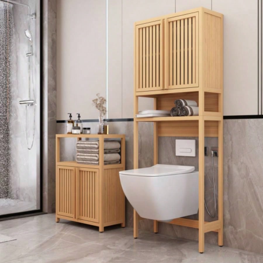 Toilet storage rack, bathroom, laundry room, space saving, natural color