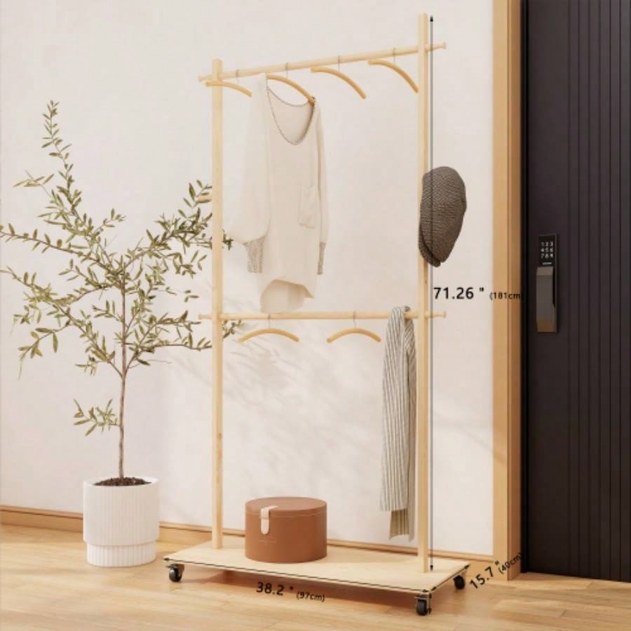 Solid Wood Garment Clothes Drying Rack with 6 Wooden Hangers, Space - Saving Design, Adjustable Shelf, and Wheels Easy Mobility - Bedroom, Living Room, or Entryway