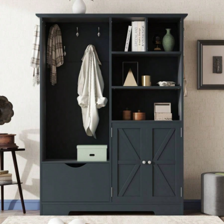 Multi - functional Hall Tree with Storage Shelves Drawers and Cabinet, Elegant Hallway Shoe Cabinet with, Modern Coat Rack with Hooks Hallway Entryways, Black