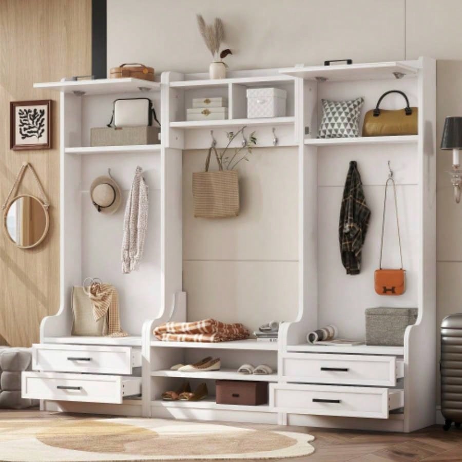 4 - in - 1 Detachable Hall Tree with Storage and Hooks, Multiple Functions Hallway Coat Rack with Storage Drawers and Cabinet, Antique Blue Shoe Entryway Hallway