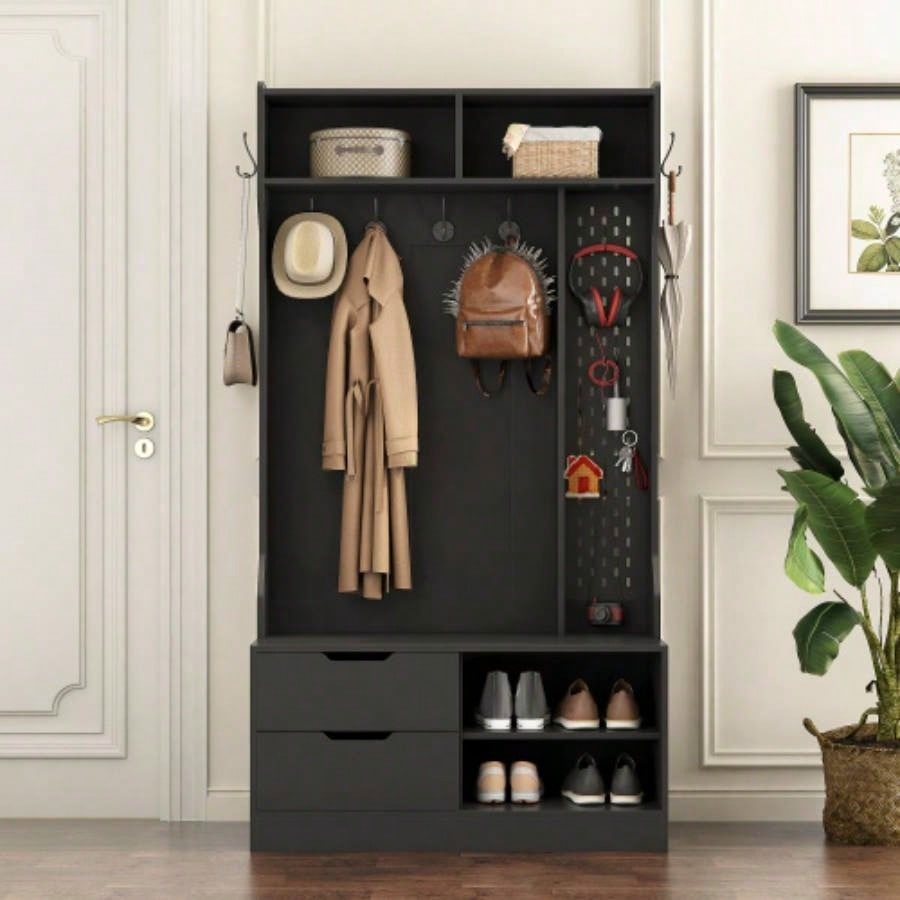 Hall Tree with 6 Hooks, Coat Hanger, Entryway, Storage, Entrance, Hallwa, black