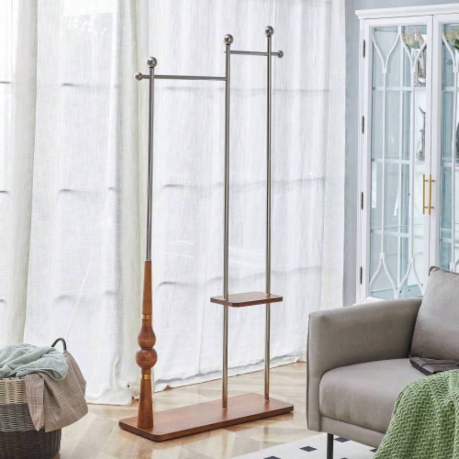 70 Tall Industrial Coat Rack Entryway, Solid Wood Stainless Steel Clothing Rack, Double Layer Hanger Coats, Hats, Bags, Scarves, Shoes Storage, Vintage Wood Grain Metal, Heavy Duty