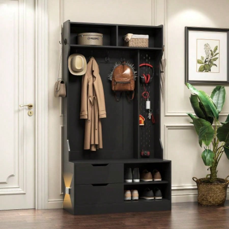 Hall Tree with 6 Hooks, Coat Hanger, Entryway, Storage, Entrance, Hallwa, black