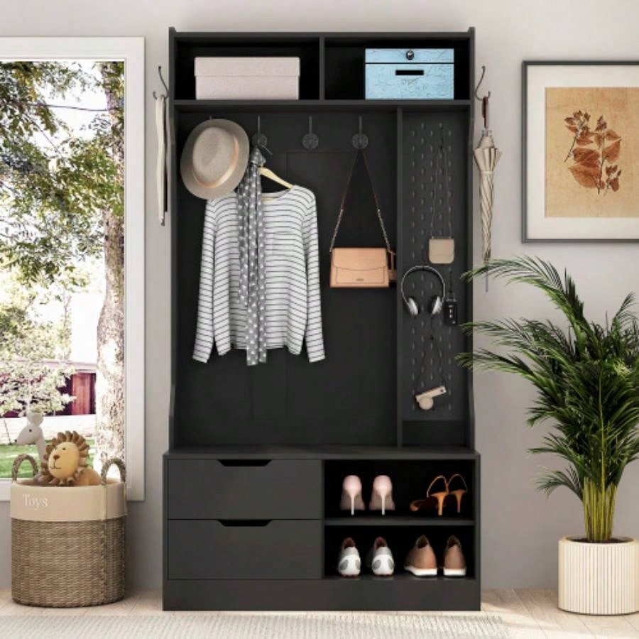 Hall Tree with 6 Hooks, Coat Hanger, Entryway, Storage, Entrance, Hallwa, black