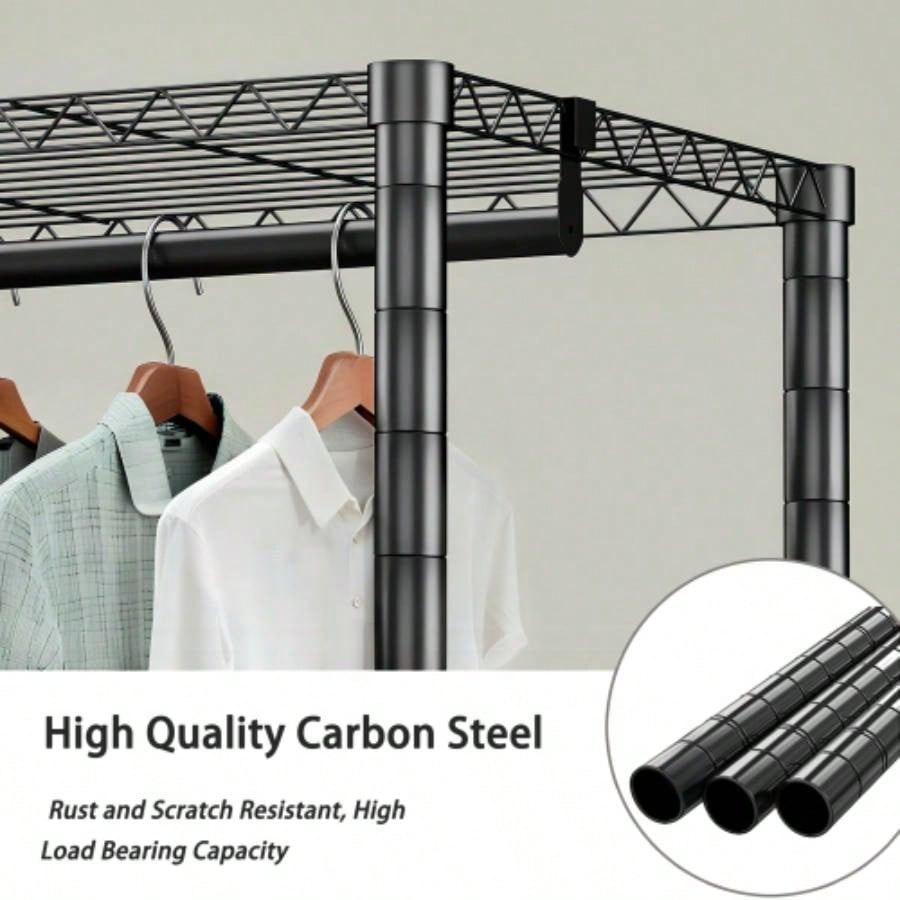 Heavy Duty Garment Rack, Freestanding Closet Organizer, Portable Wardrobe Clothes Rack, Adjustable Wire Shelving Clothes Rack with 8 Adjustable Wire Shelves and 5 Clothes Rails, Black
