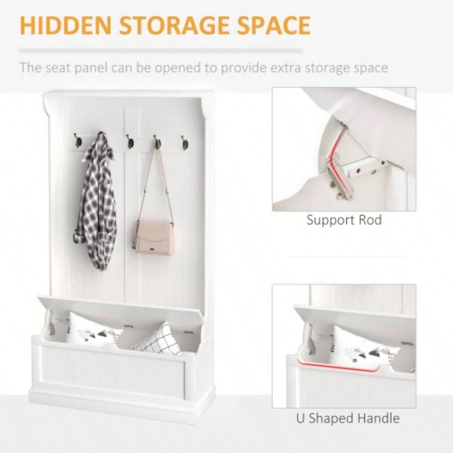 HOMCOM 38 3 - In - 1 Entryway Hall Tree with Storage, Coat Rack with Four Hooks and Shoe Storage, White