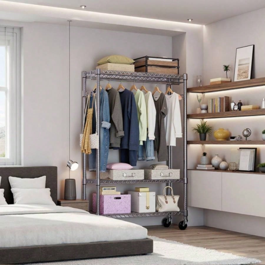 Heavy Duty Garment Rack on Wheels, Rolling Freestanding Closet Organizer and Clothes Rack Hanging Clothes with 1 Hang Rod, Adjustable Metal Wardrobe, 15. Dx 45.3x 75.6 H,