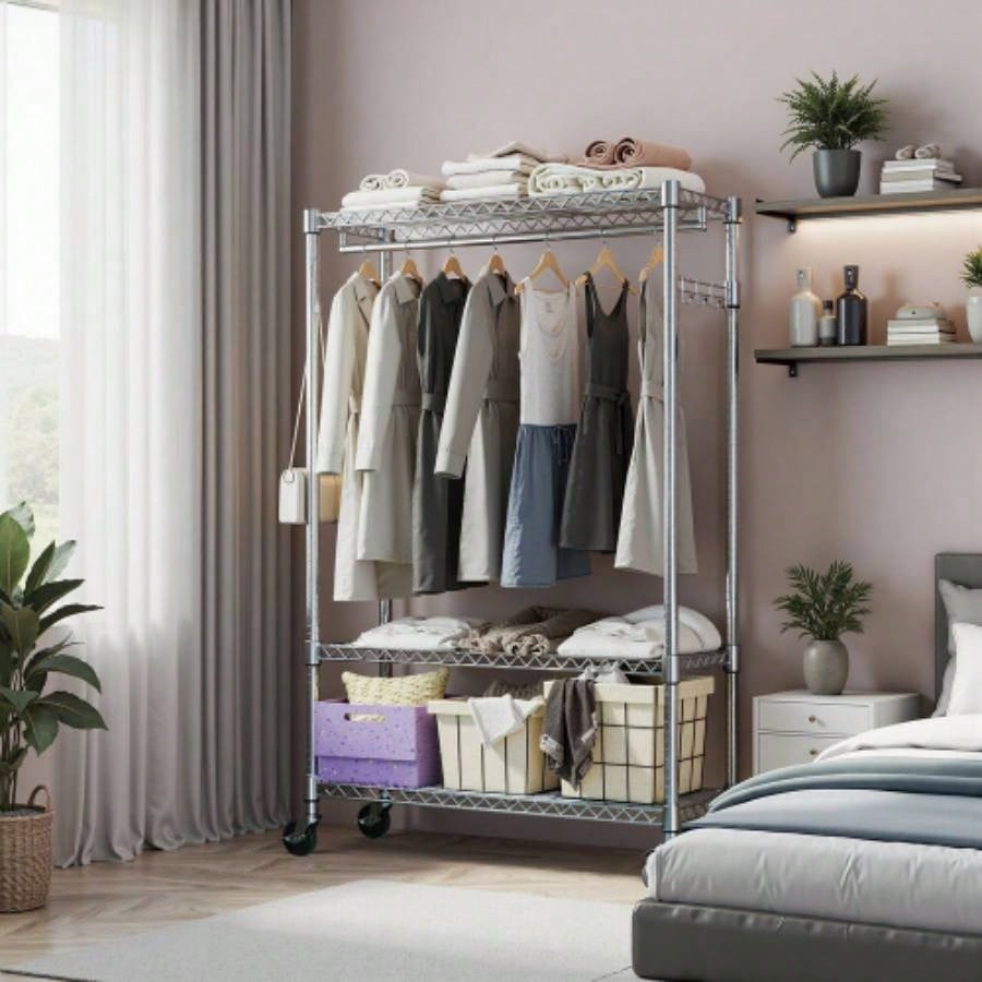 Heavy Duty Garment Rack on Wheels, Rolling Freestanding Closet Organizer and Clothes Rack Hanging Clothes with 1 Hang Rod, Adjustable Metal Wardrobe, 15. Dx 45.3x 75.6 H,